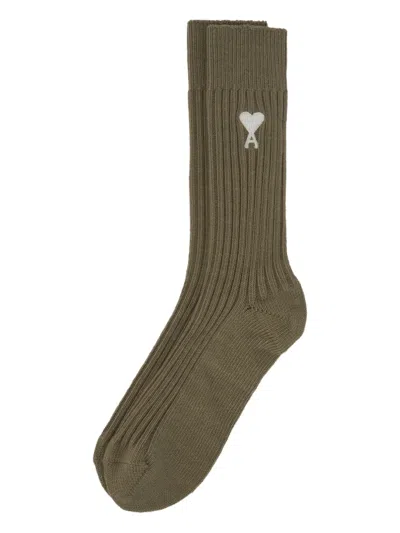 Ami Alexandre Mattiussi Heart-logo Ribbed Socks In Green