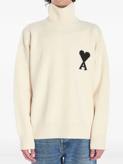 Ami Alexandre Mattiussi Virgin Wool Ami De Coeur Funnel-neck Sweater In Neutral
