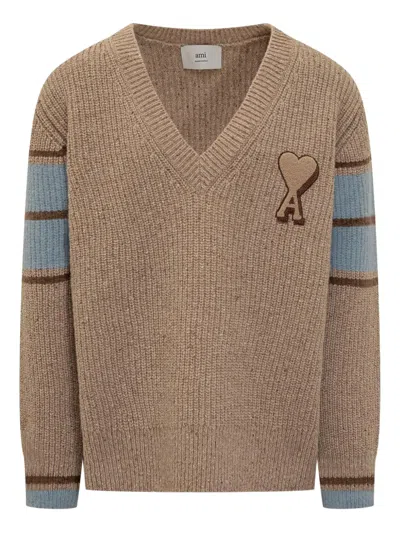 Ami Alexandre Mattiussi Heart-logo Striped Sweater In Brown