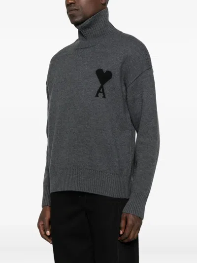Ami Alexandre Mattiussi Heart-logo Turtleneck Sweater In Gray
