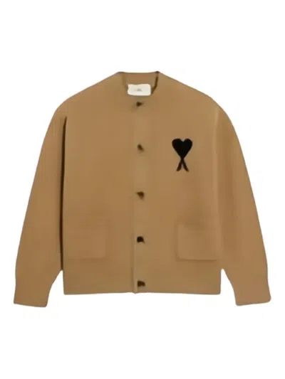 Ami Alexandre Mattiussi Heart-logo Wool Cardigan In Brown