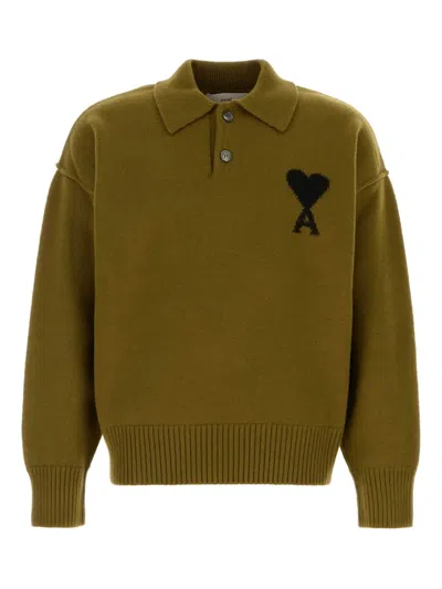Ami Alexandre Mattiussi Heart-logo Wool Polo Sweater In Green