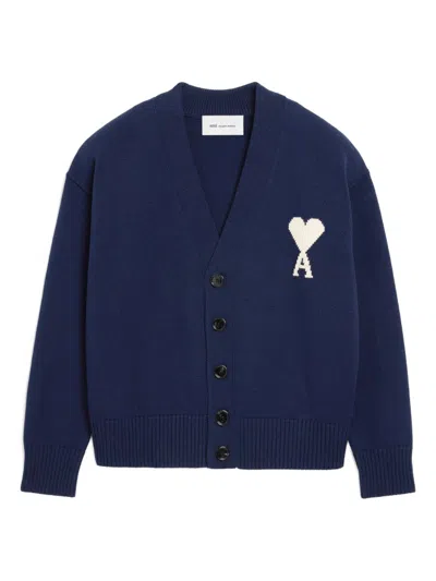 Ami Alexandre Mattiussi Heart Motif V-neck Cardigan In Blue