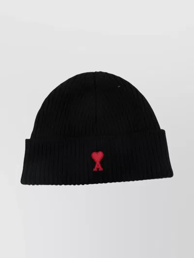 AMI ALEXANDRE MATTIUSSI HEART MOTIF WOOL BEANIE WITH FOLDED CUFF