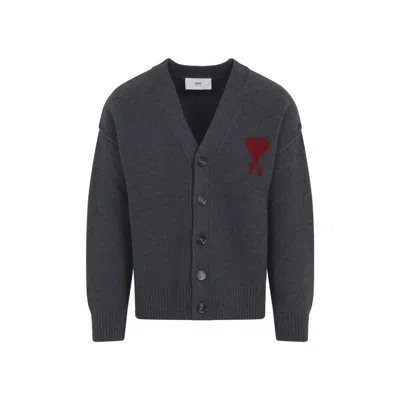 Ami Alexandre Mattiussi Heather Grey Wool Cardigan With Embroidered Logo In Black