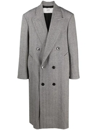 Ami Alexandre Mattiussi Herringbone-pattern Double-breasted Coat In 477 Night Blue/ Ivory