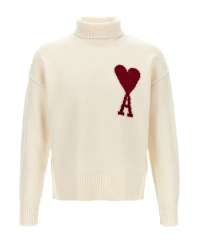 Ami Alexandre Mattiussi High-necked Long-sleeved Wool Sweater In Off-whitered