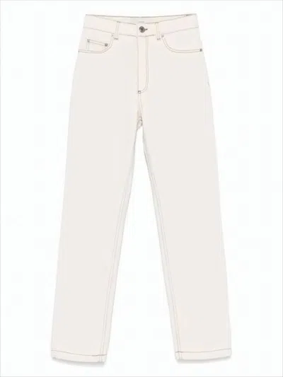 AMI ALEXANDRE MATTIUSSI HIGH-WAISTED STRAIGHT-LEG DENIM PANTS WITH CONTRAST STITCHING