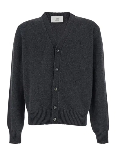 AMI ALEXANDRE MATTIUSSI GREY CARDIGAN WITH ROUND NECK AND ADC EMBROIDERY ON THE FRONT IN WOOL MAN