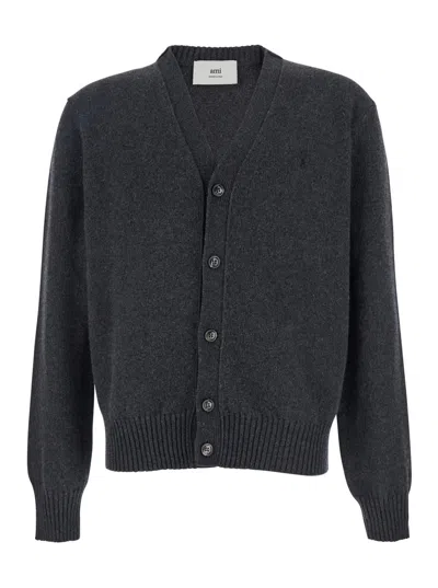 AMI ALEXANDRE MATTIUSSI GREY CARDIGAN WITH ROUND NECK AND ADC EMBROIDERY ON THE FRONT IN WOOL MAN