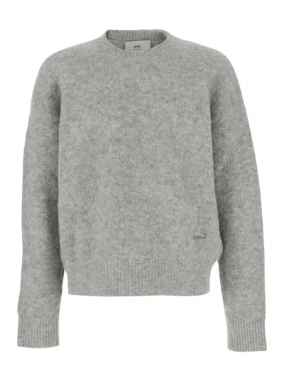 AMI ALEXANDRE MATTIUSSI GREY CREW NECK SWEATER WITH LETTERING LOGO IN ALPACA AND WOOL BLEND WOMAN