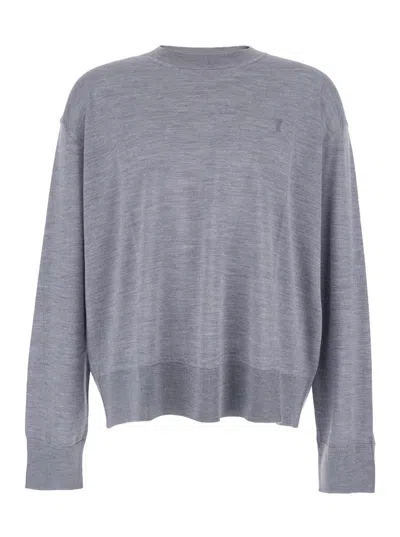 AMI ALEXANDRE MATTIUSSI GREY CREW NECK SWEATER WITH EMBROIDERED LOGO ON THE FRONT IN WOOL MAN