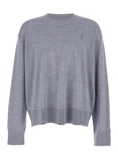 AMI ALEXANDRE MATTIUSSI GREY CREW NECK SWEATER WITH EMBROIDERED LOGO ON THE FRONT IN WOOL MAN