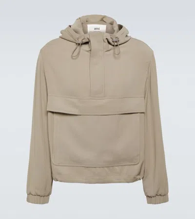 Ami Alexandre Mattiussi Hooded Half-zip Twill Jacket In Beige