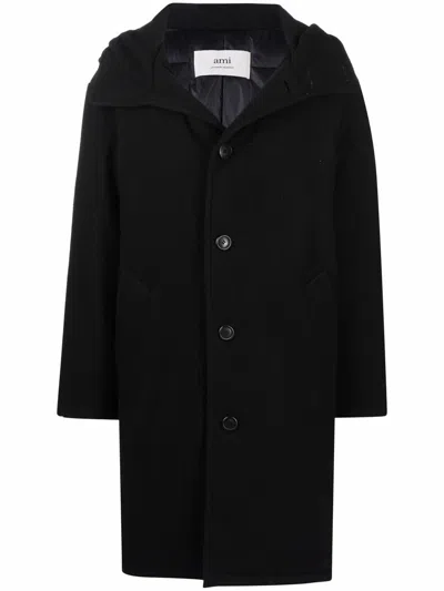 Ami Alexandre Mattiussi Hooded Single-breasted Coat In Black