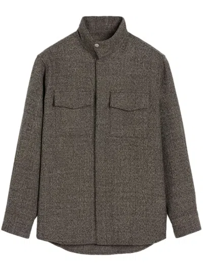 Ami Alexandre Mattiussi Houndstooth High-collar Shirt In Dark Coffee/ Off White