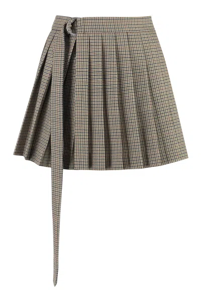 Ami Alexandre Mattiussi Houndstooth Pleated Wool Skirt With Wrap Fastening And Belt In Tan