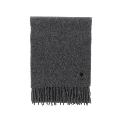 Ami Alexandre Mattiussi I De Coeur Embroidery Wool Scarf In Gray