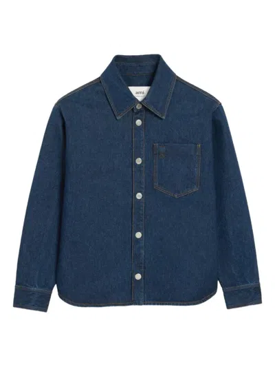 Ami Alexandre Mattiussi Indigo Blue Cotton Jacket With Embroidered Logo And Topstitching Details