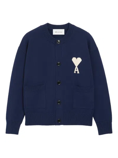 Ami Alexandre Mattiussi Ami De Coeur Intarsia Crewneck Cardigan In Blue
