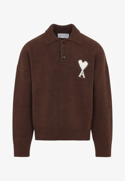 Ami Alexandre Mattiussi Intarsia Knit Ami De Coeur Polo Sweater In Animal Print