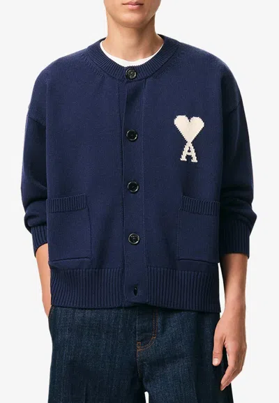 Ami Alexandre Mattiussi Intarsia Knit Ami De Coeur Ribbed Cardigan In Blue