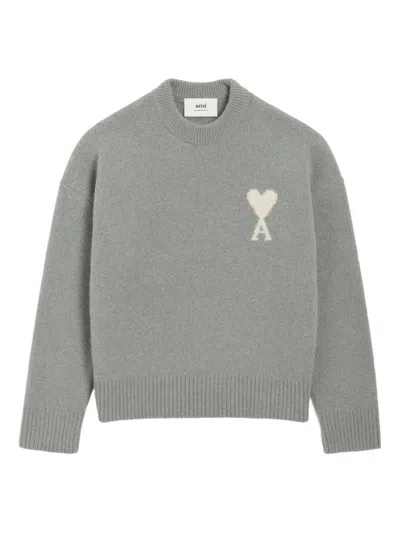 AMI ALEXANDRE MATTIUSSI INTARSIA-KNIT HEART LOGO GREY WOOL SWEATER