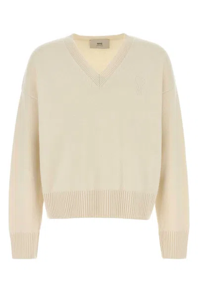 Ami Alexandre Mattiussi Embroidered Wool And Cashmere-blend Sweater In Neutral