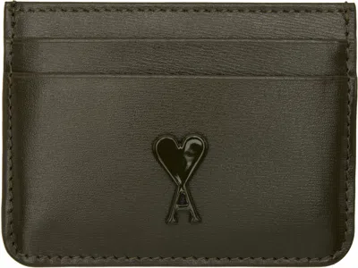 Ami Alexandre Mattiussi Khaki Leather Ami De Coeur Card Holder In 377 Black Olive