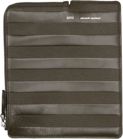 Ami Alexandre Mattiussi Khaki Leather Midi Wallet In 377 Black Olive