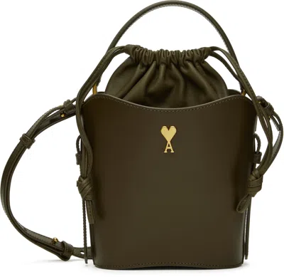 Ami Alexandre Mattiussi Khaki Leather Mini Paris Paris Bucket Bag In Green