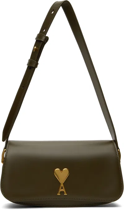 Ami Alexandre Mattiussi Khaki Leather Paris Paris Shoulder Bag In Black Olive