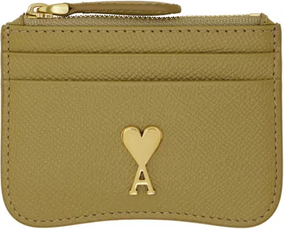 Ami Alexandre Mattiussi Khaki Leather Zipped Card Holder In Havana/vibrated Bras