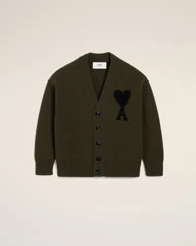 Ami Alexandre Mattiussi Khaki Wool Ami De Coeur Cardigan Black In Black/khaki