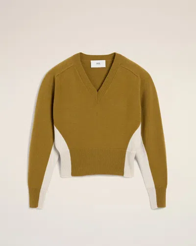 Ami Alexandre Mattiussi Khaki Wool Knit Bicolor V Neck Sweater Green In Lichen/mastic