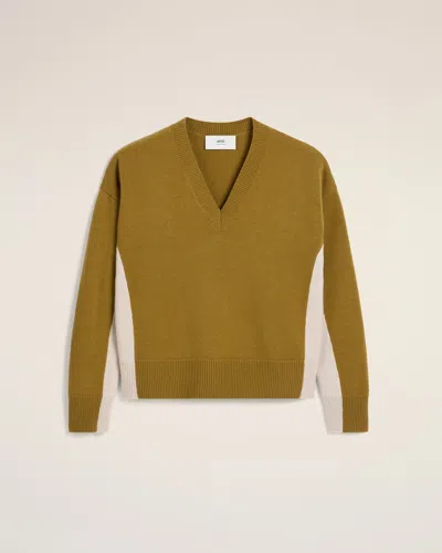 Ami Alexandre Mattiussi Khaki Wool Knit Bicolor V Neck Sweater Green In Lichen/mastic