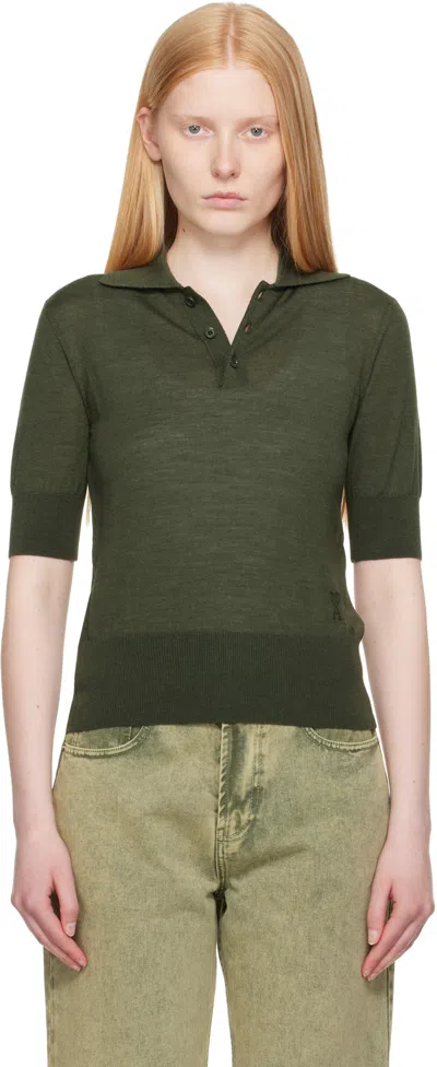 Ami Alexandre Mattiussi Khaki Wool Tonal Ami De Coeur Polo