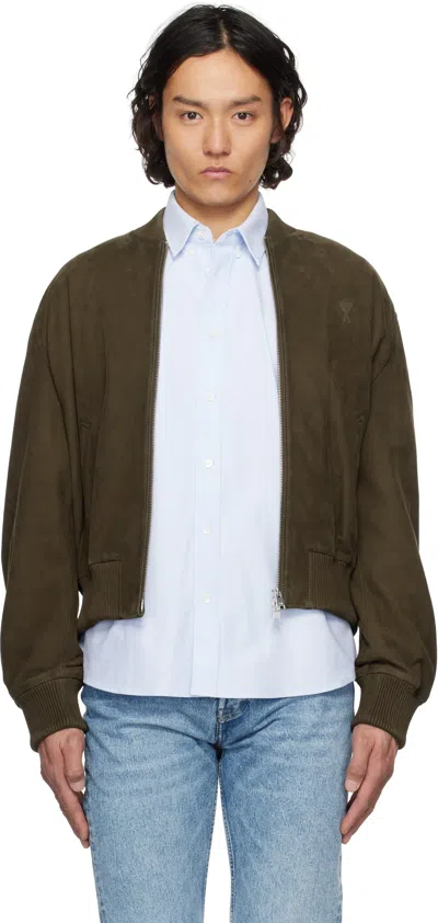 Ami Alexandre Mattiussi Khaki Zipped Suede Jacket In Black