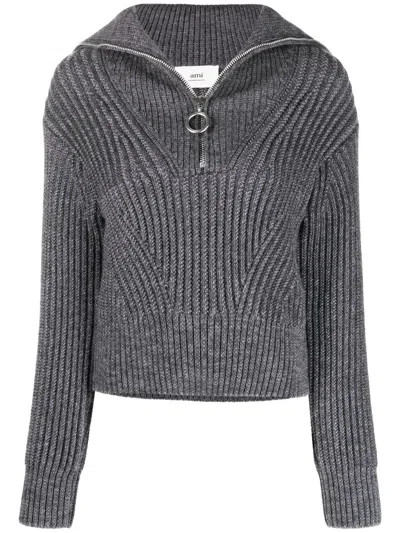 Ami Alexandre Mattiussi Knitted Virgin Wool Jumper In Grey