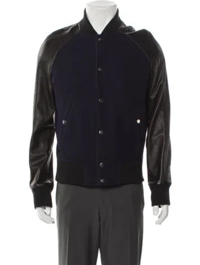 Pre-owned Ami Alexandre Mattiussi Lamb Leather Colorblock Pattern Bomber Jacket In Blue