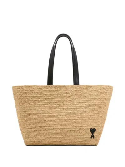 Ami Alexandre Mattiussi Large Ami De Coeur Raffia Tote Bag In Neutral