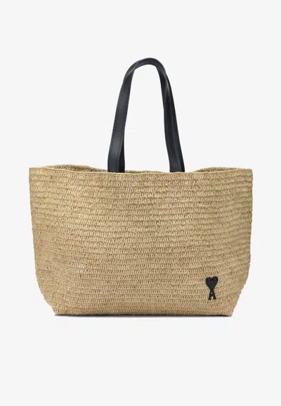 Ami Alexandre Mattiussi Large Ami De Coeur Raffia Tote Bag In Brown
