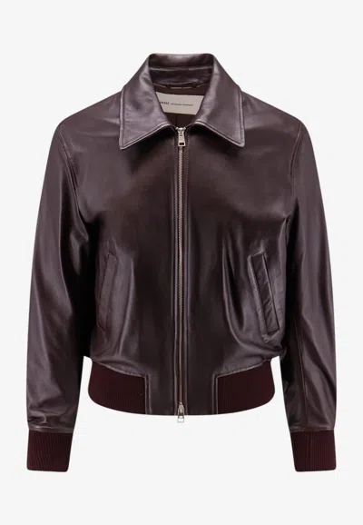 Ami Alexandre Mattiussi Leather Bomber Jacket In Brown