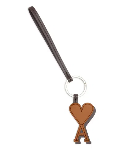 Ami Alexandre Mattiussi Leather Heart Keyring In Brown