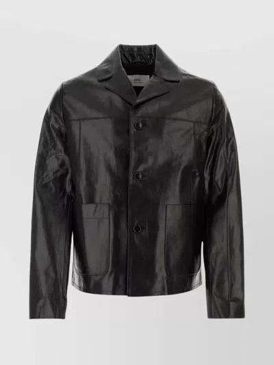 Ami Alexandre Mattiussi Leather Jacket Cuffed Sleeves In Black
