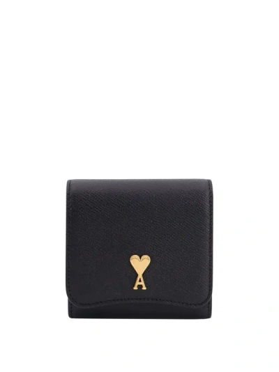 Ami Alexandre Mattiussi Leather Wallet With Metal Logo In Black