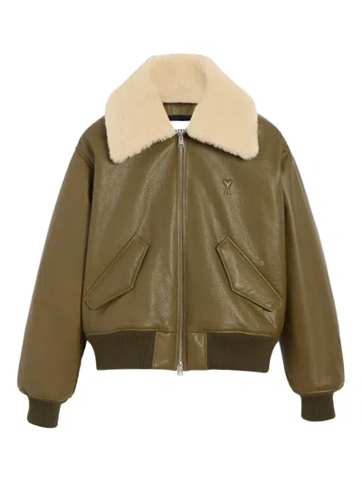 Ami Alexandre Mattiussi Contrasting-collar Leather Jacket In Brown