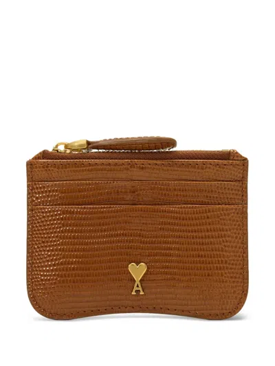 Ami Alexandre Mattiussi Lizard Embossed Paris Paris Zipped Leather Card Holder In Brown