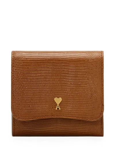 Ami Alexandre Mattiussi Lizard-embossed Paris Paris Leather Compact Wallet In Brown