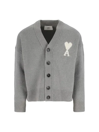 Ami Alexandre Mattiussi Logo Cardigan In Gray
